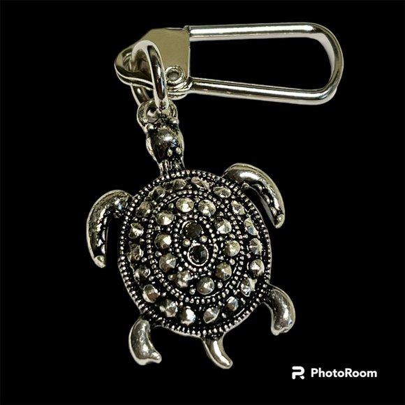 Marcasite Crystal Turtle Keychain Zipper Pull Purse Charm Backpack Silver Plated - Picture 2 of 9
